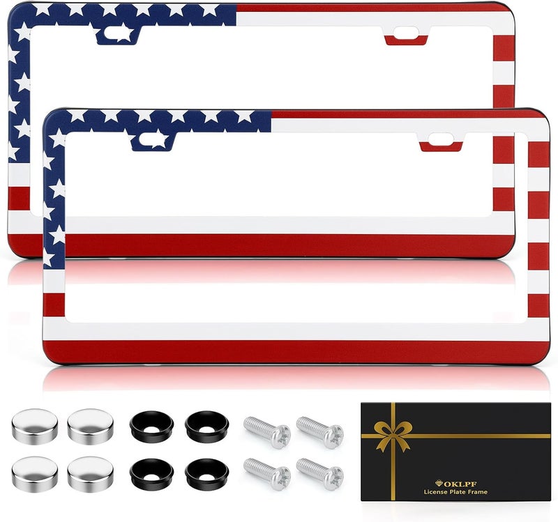 Premium American Flag License Plate Frame, Red and Blue License Plate Cover, Aluminum Matte License Plate Front and Rear 2 Packs. (2 Holes), Come with Screw Cap, Screw,Washer